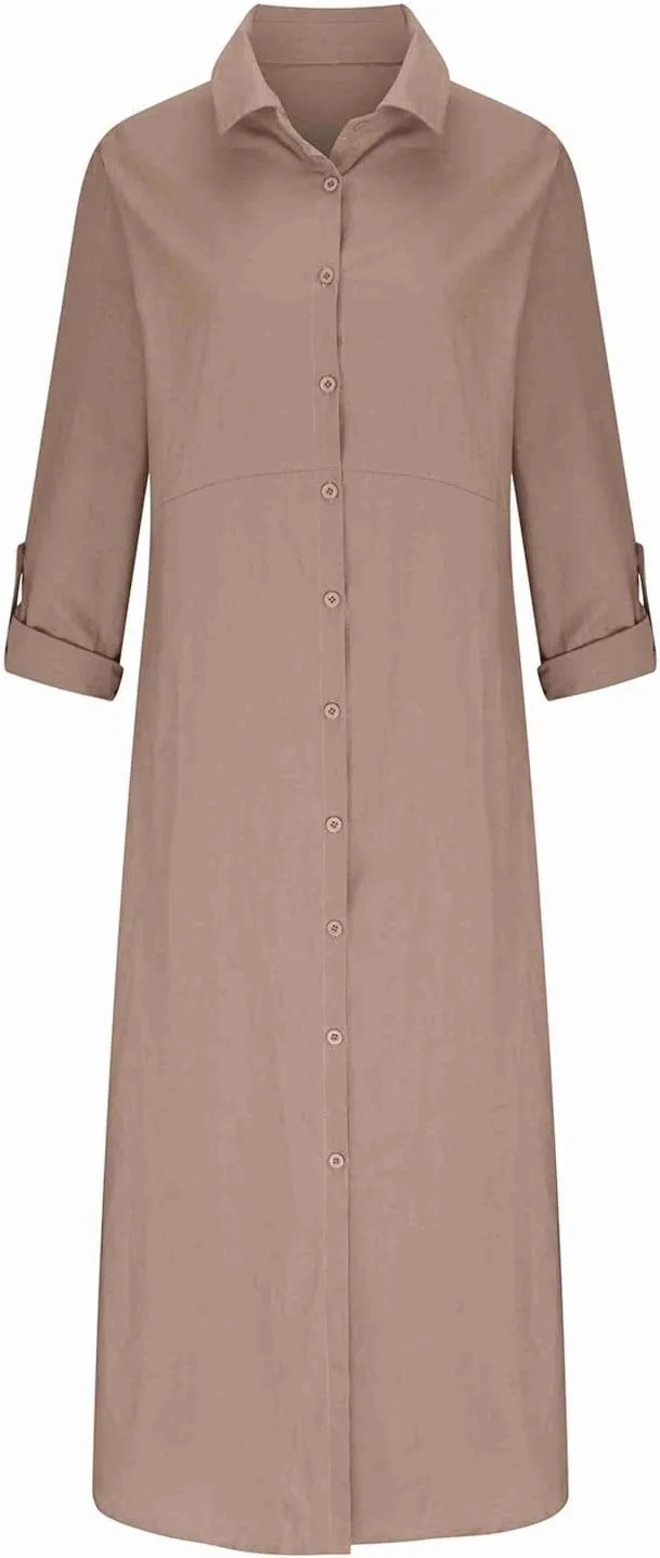 Womens Button Down Cotton Linen Maxi Dress Plus Size Dress Casual Long Sleeve V Neck Summer Dresses with Pockets