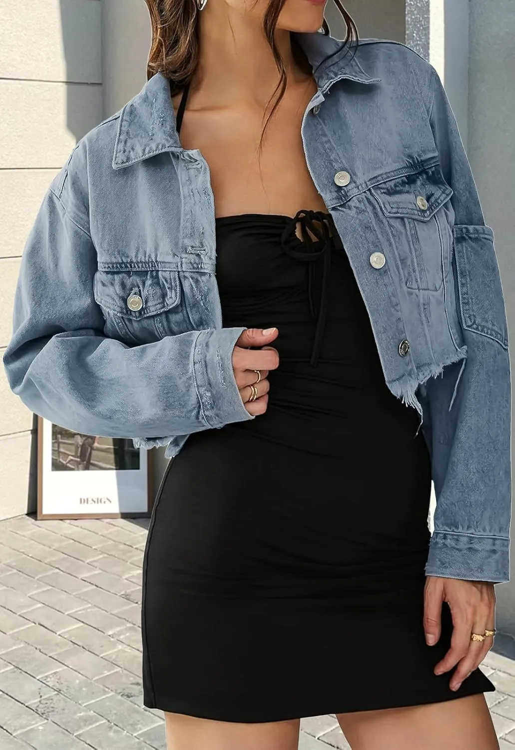Women's Cropped Denim Jackets Distressed Long Sleeve Basic Button Down Jean Jacket