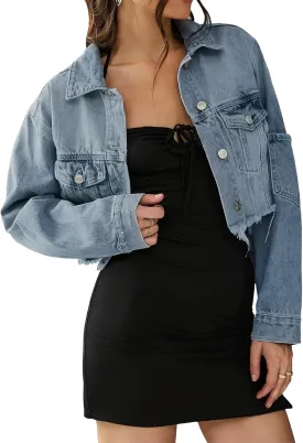 Women's Cropped Denim Jackets Distressed Long Sleeve Basic Button Down Jean Jacket