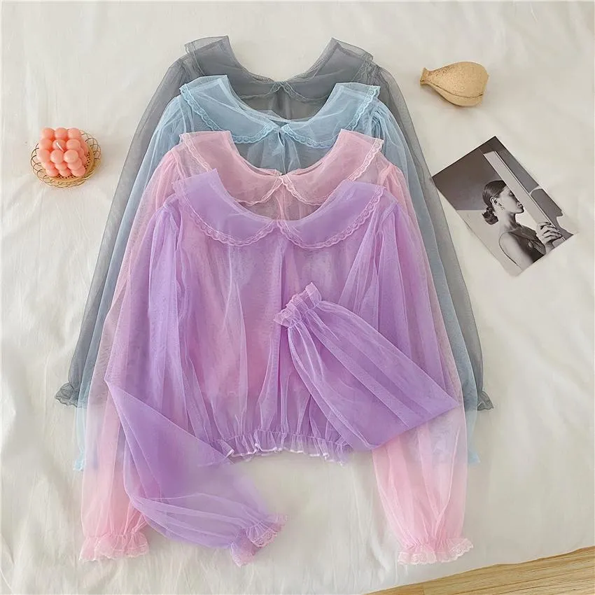 Women's Cute  Doll Collar Sheer Crop Top