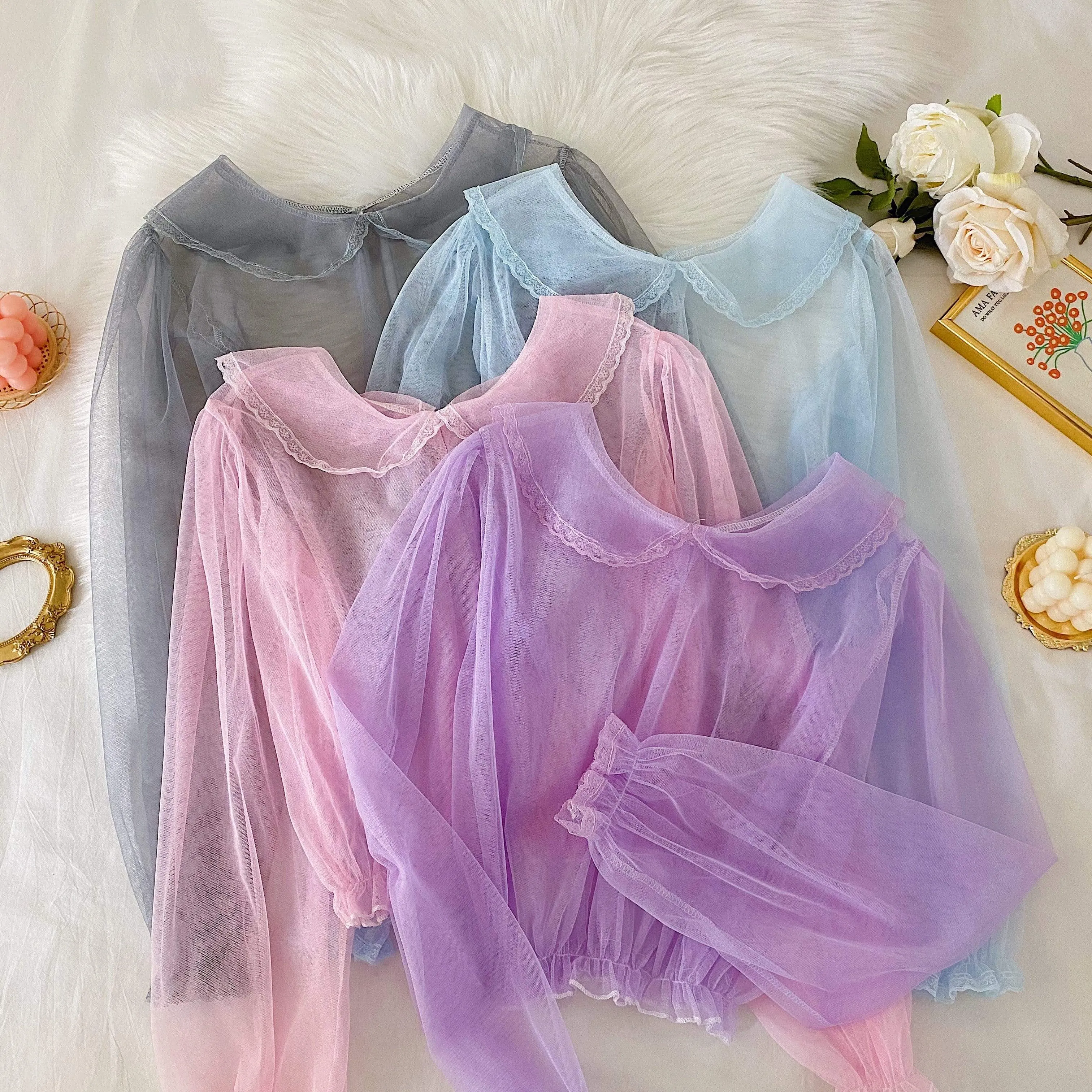 Women's Cute  Doll Collar Sheer Crop Top