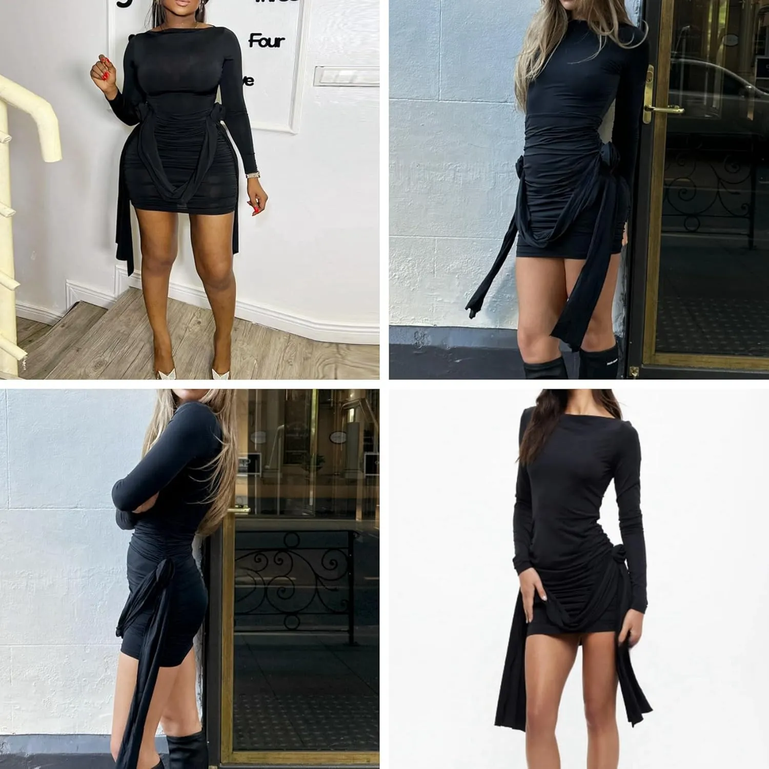 Women's Elegant Floral Applique Mini Dress Sexy Ruched Long Sleeve Bodycon Dress Slim Fit Short Party Dress