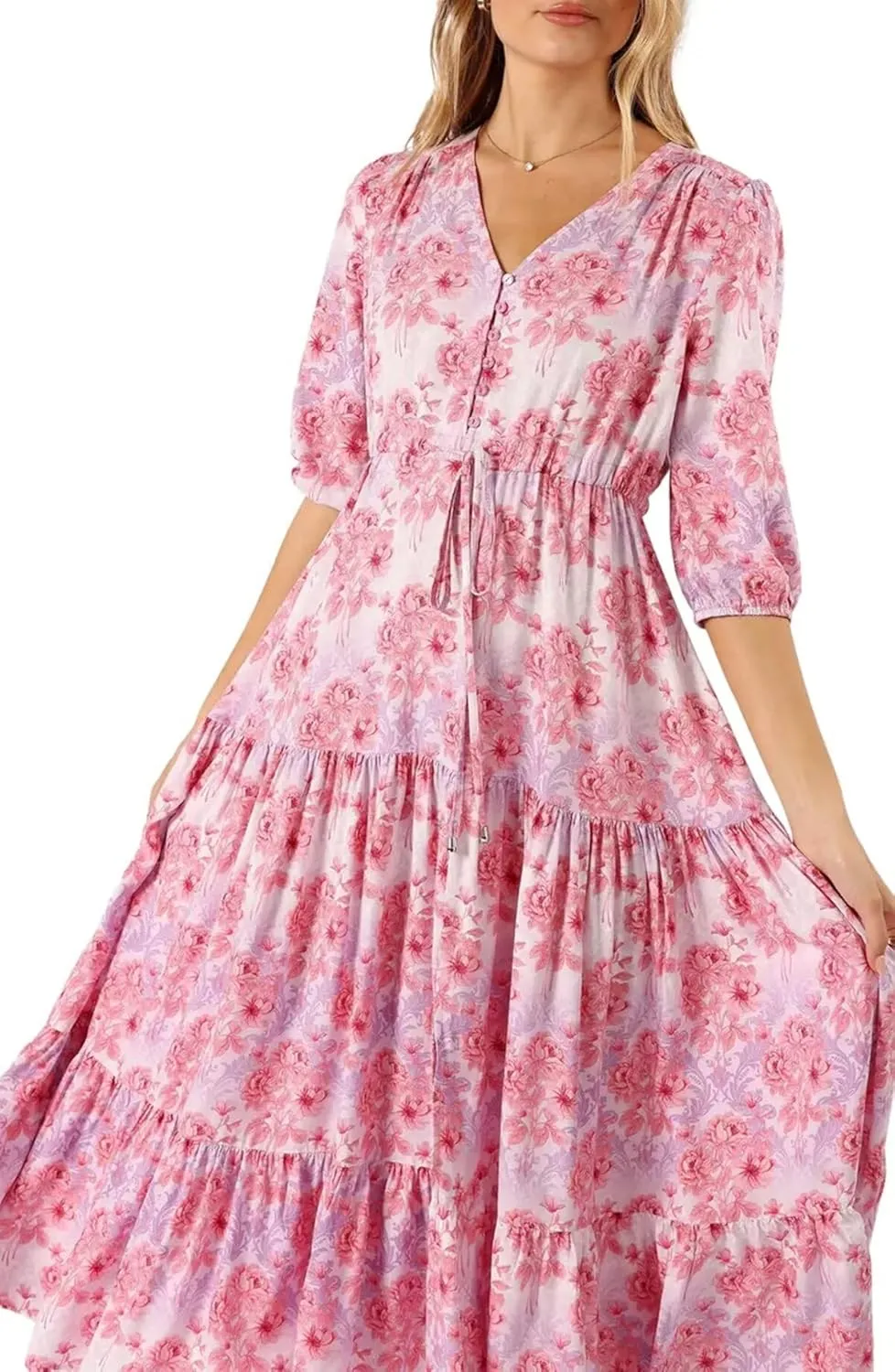 Women's Floral Print Maxi Long Dresses Deep V Neck Summer Beach Dress Half Sleeve A Line Flowy Dresses