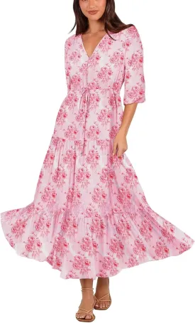 Women's Floral Print Maxi Long Dresses Deep V Neck Summer Beach Dress Half Sleeve A Line Flowy Dresses