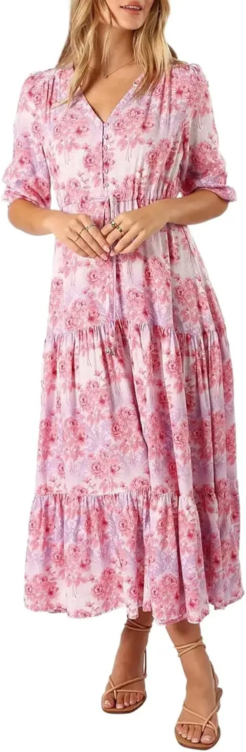Women's Floral Print Maxi Long Dresses Deep V Neck Summer Beach Dress Half Sleeve A Line Flowy Dresses