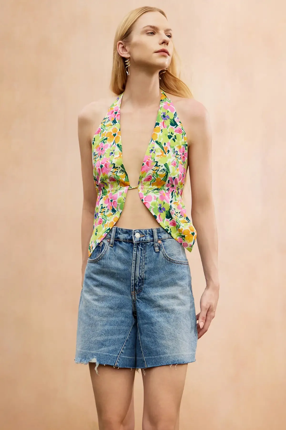 Women's Floral Print Tie Open Back Halter Top
