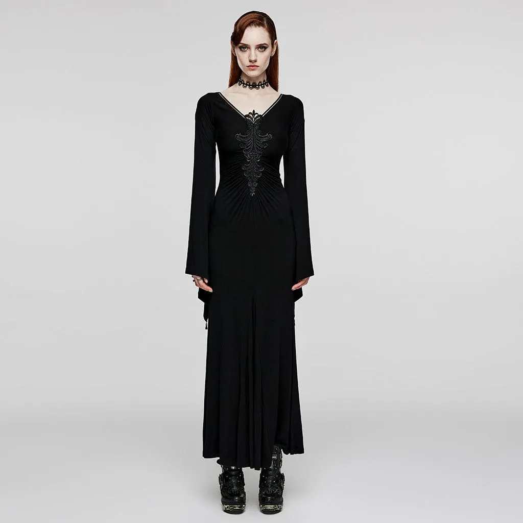 Women's Gothic Plunging Floral Embroidered Wedding Gown Dress