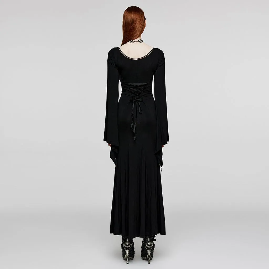 Women's Gothic Plunging Floral Embroidered Wedding Gown Dress