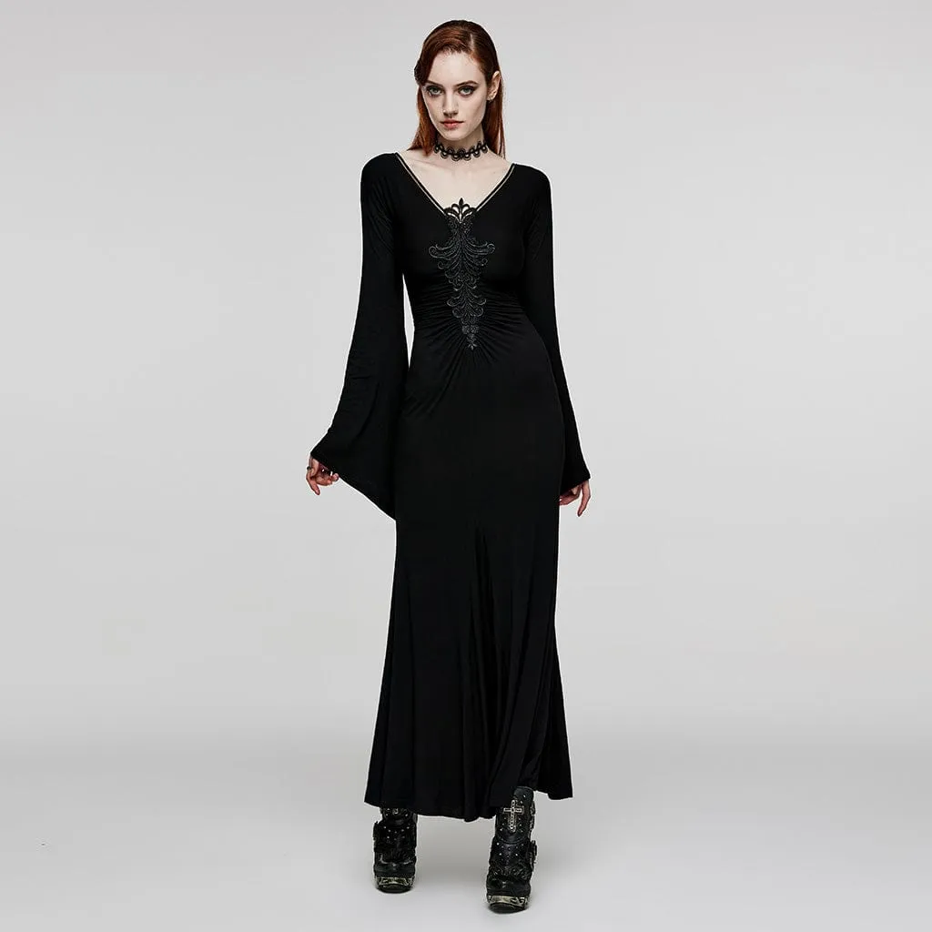 Women's Gothic Plunging Floral Embroidered Wedding Gown Dress