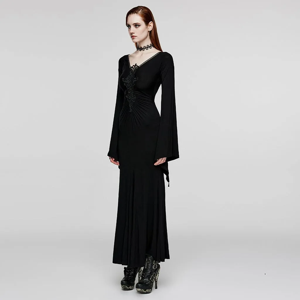 Women's Gothic Plunging Floral Embroidered Wedding Gown Dress