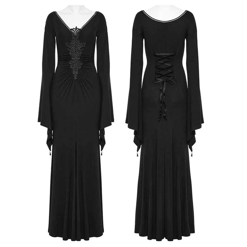 Women's Gothic Plunging Floral Embroidered Wedding Gown Dress