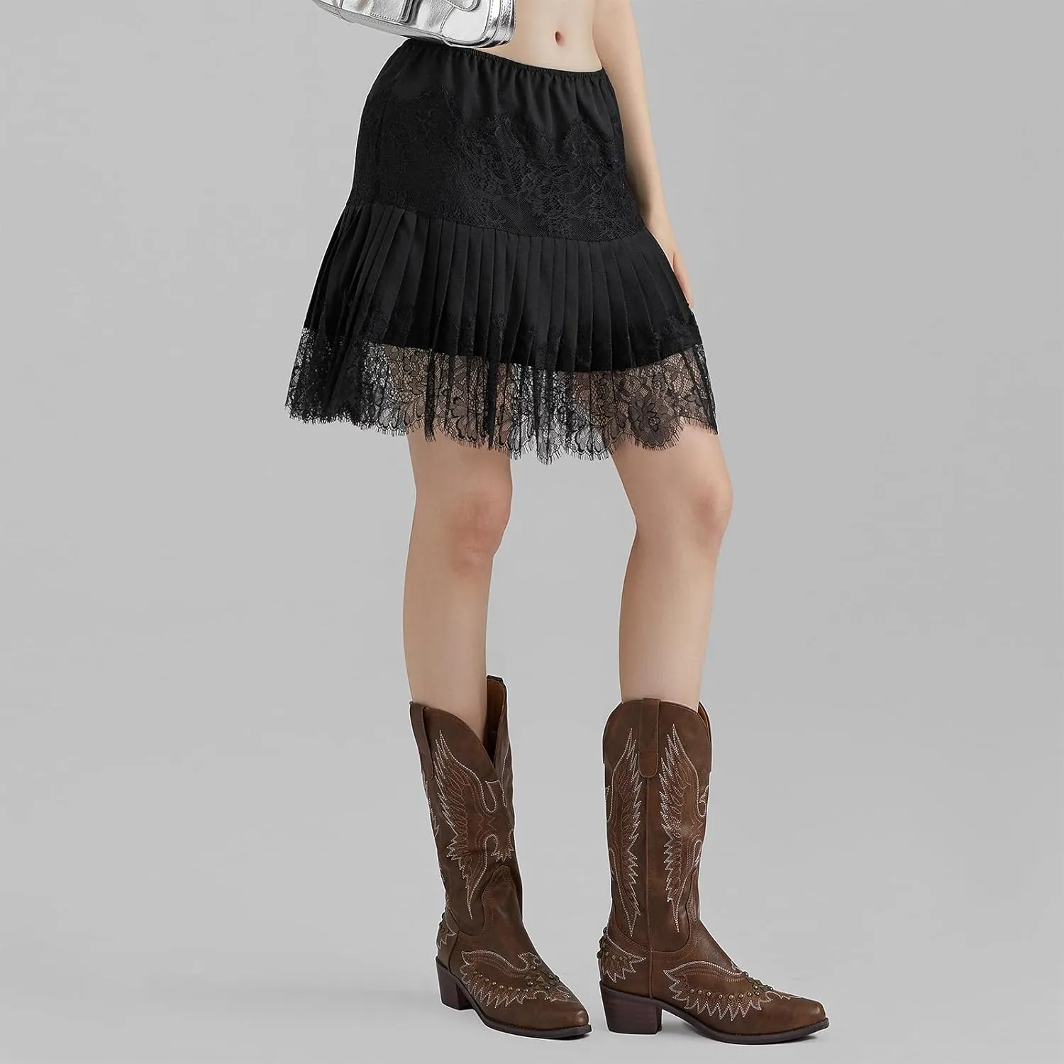 Women's Lace Half Slip Skirt Flowy Ruffle Pleated Mini Skirts Mesh Floral Tutu Y2k Boho Fairy Layered Short Skirts