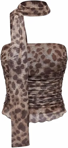 Women's Leopard Print Tube Top Cheetah Print Top Ruched Strapless Mesh Halter Tops for Women Going Out Party