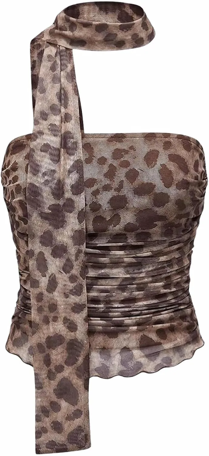 Women's Leopard Print Tube Top Cheetah Print Top Ruched Strapless Mesh Halter Tops for Women Going Out Party