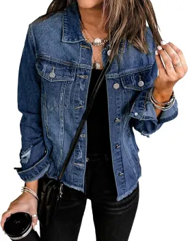 Womens Long Sleeve Button Down Ripped Washed Denim Jacket Distressed Raw Hem Vintage Trucker Jeans Jacket