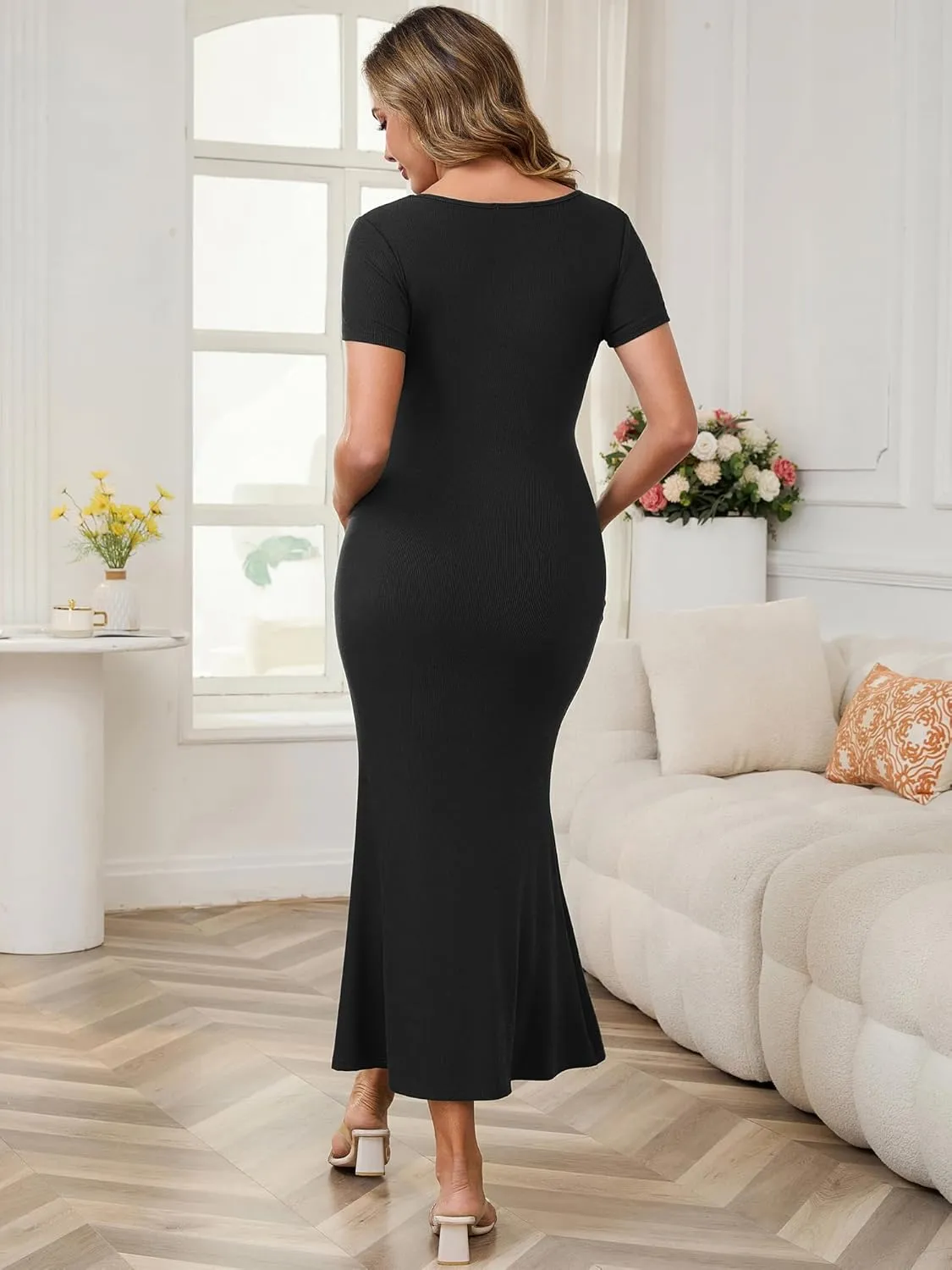 Womens Maternity Dress Mermaid Square Neck Bodycon Fitted Ribbed Midi Pregnancy Dresses Wedding Guest