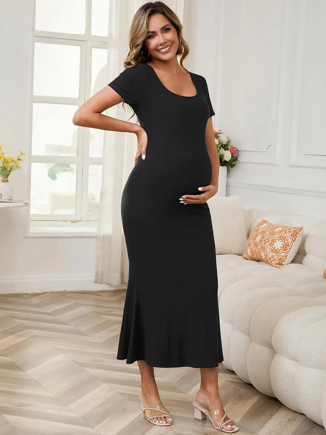Womens Maternity Dress Mermaid Square Neck Bodycon Fitted Ribbed Midi Pregnancy Dresses Wedding Guest
