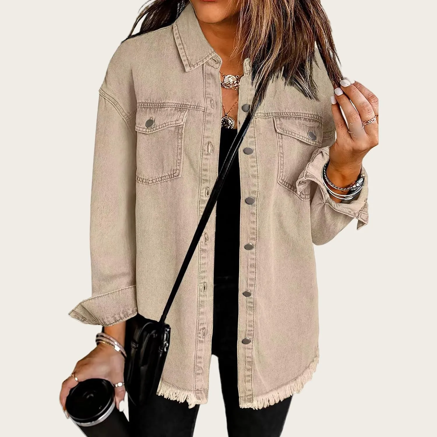 Women's Oversized Denim Jacket Lightweight Button Down Long Jean Jacket Casual Boyfriend Distresse Jacket Coats