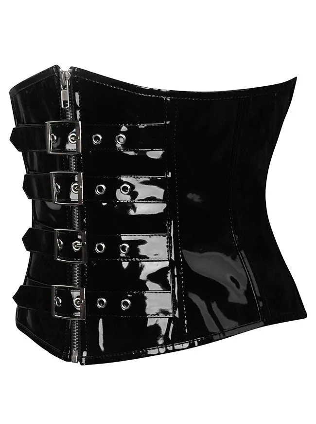 Women's Steampunk Gothic PVC Leather Zipper Boned Underbust Corset with Buckles Black