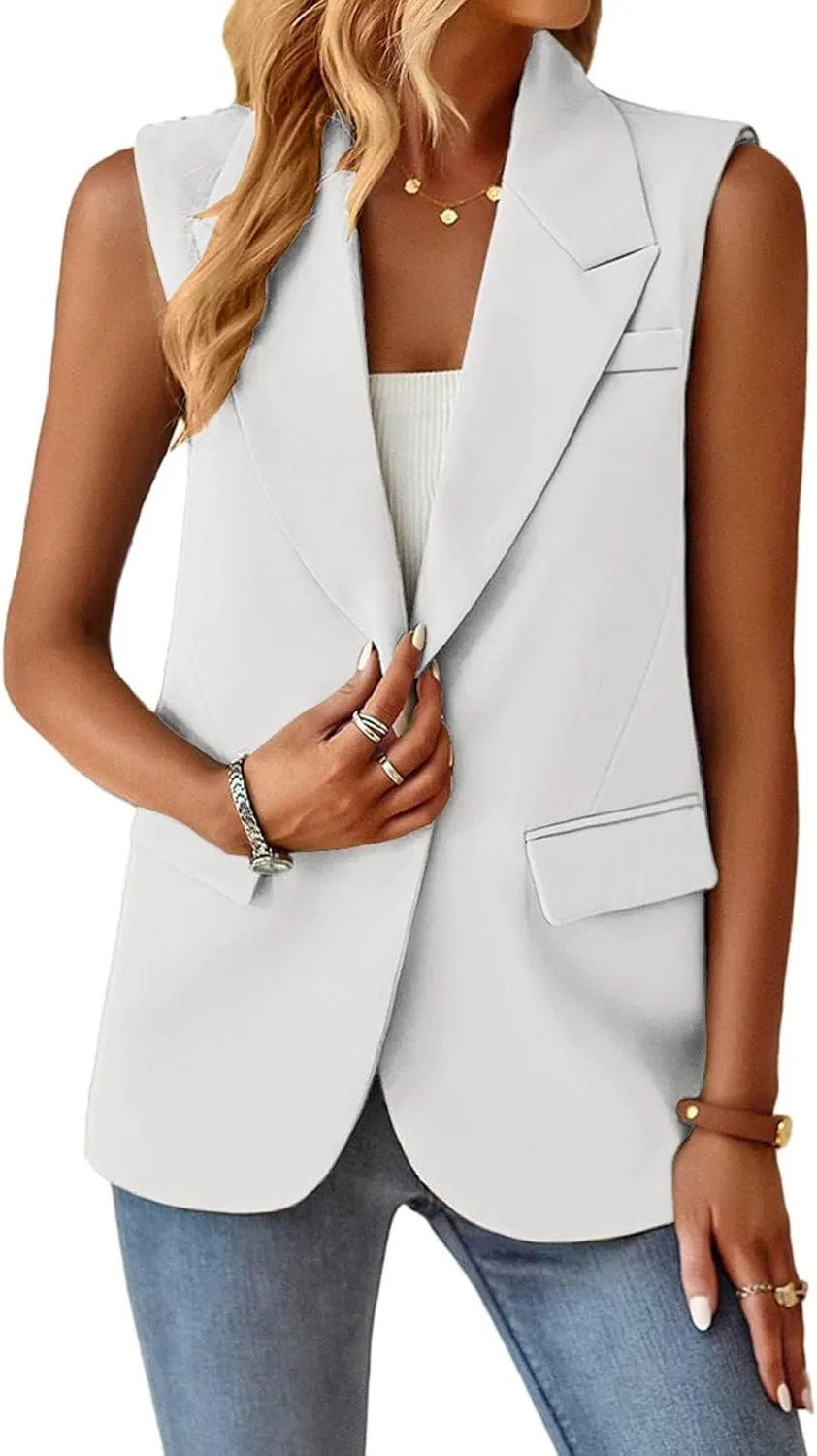Women's Summer Sleeveless Vest Dressy Casual 2025 Blazer Lightweight Work Office Button Up Suit Vest with Pockets