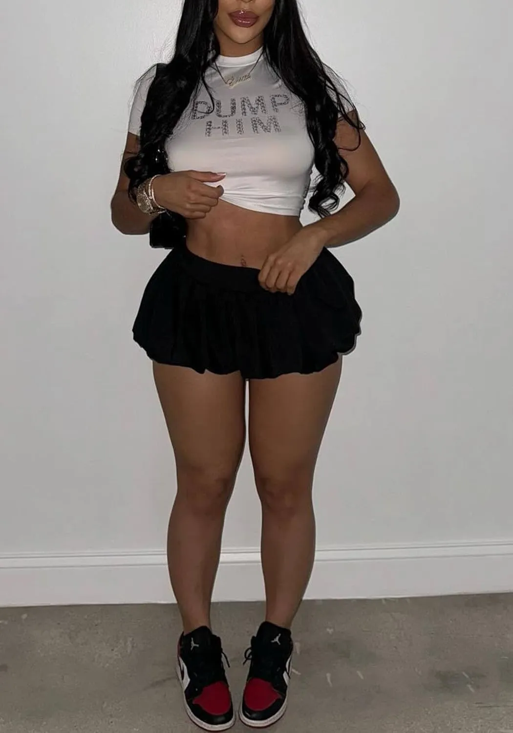 XZLUFNY Women Y2K Bubble Short Skirt Elastic High Waist Pleated Puffy Balloon Mini Skirts