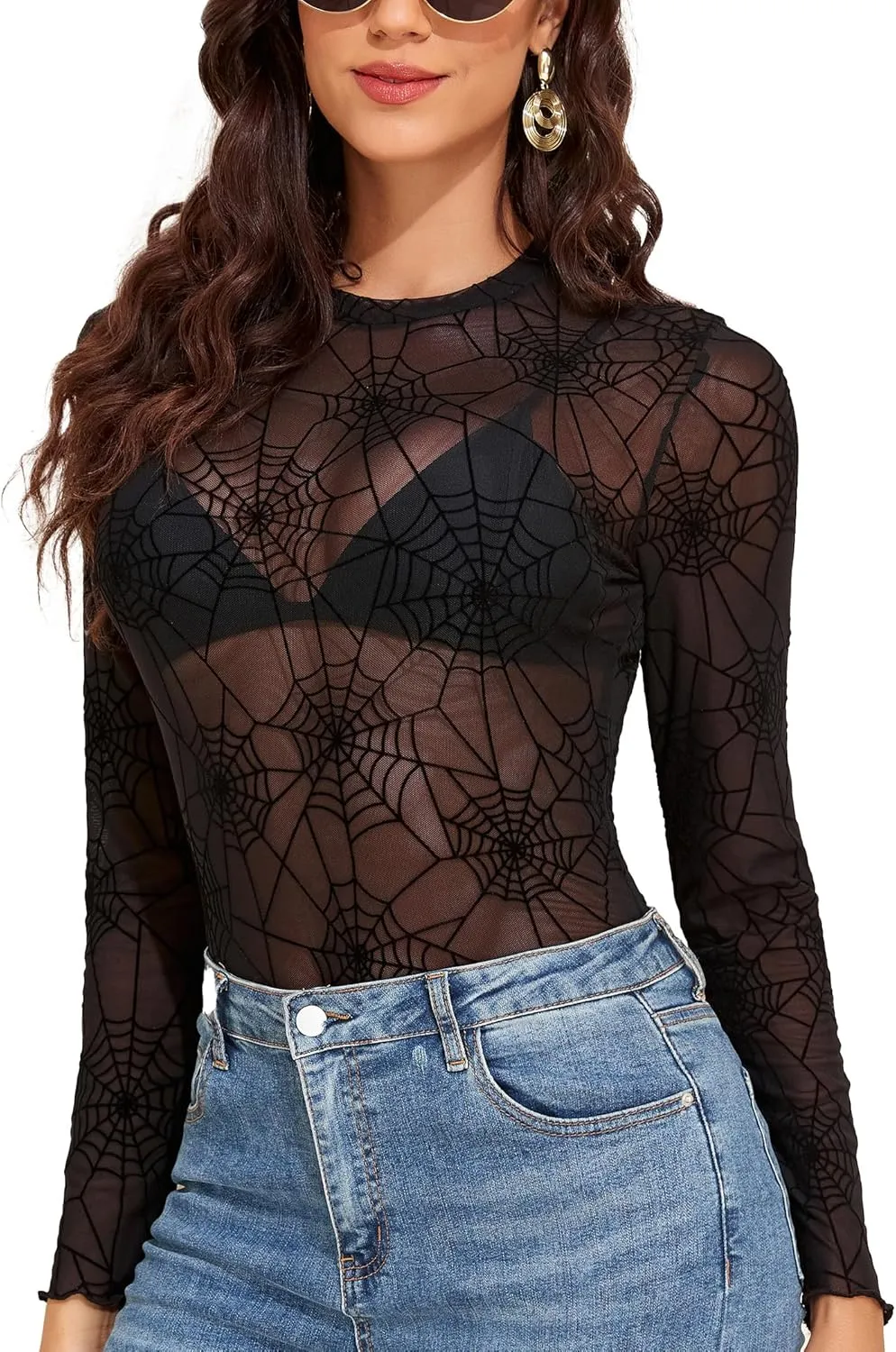 YYA Mesh Top for Women Long Sleeve Round Neck Mesh Shirt Sheer Top Solid Floral Tee Shirts S-XXL