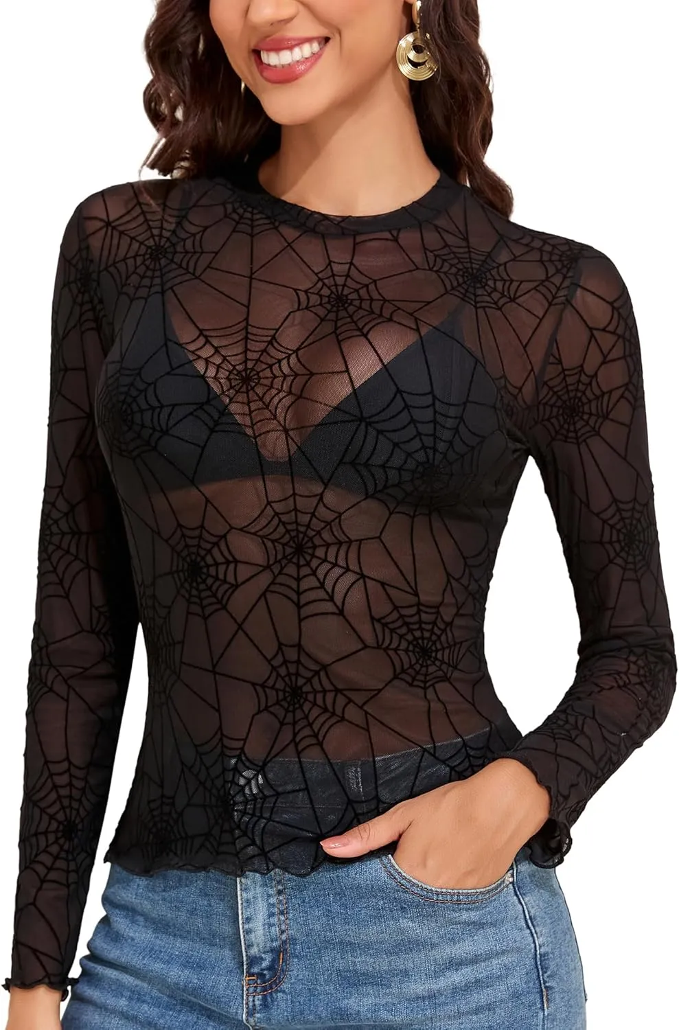 YYA Mesh Top for Women Long Sleeve Round Neck Mesh Shirt Sheer Top Solid Floral Tee Shirts S-XXL