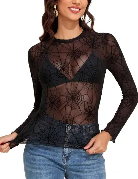YYA Mesh Top for Women Long Sleeve Round Neck Mesh Shirt Sheer Top Solid Floral Tee Shirts S-XXL