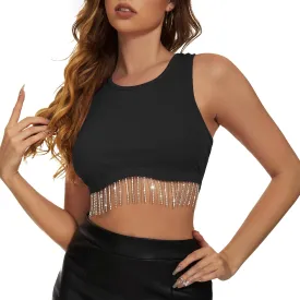 Zando Women Fringe Rhinestone Top Sparkly Sexy Concert Outfit Crop Tank Top Sleeveless Round Neck Fitted Tees